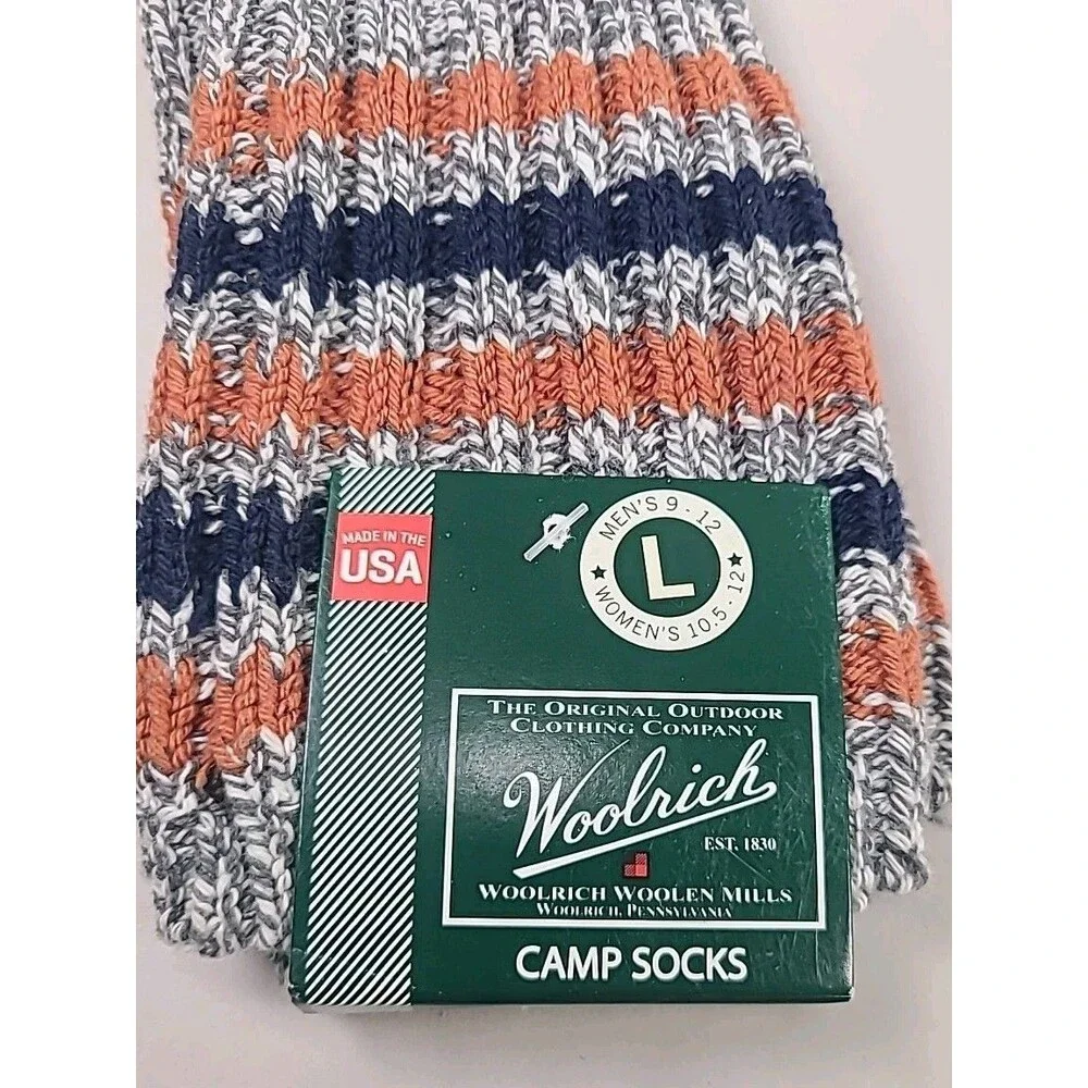 New Woolrich Camp Socks Blue Orange Grey Made in USA Outdoor Hiking